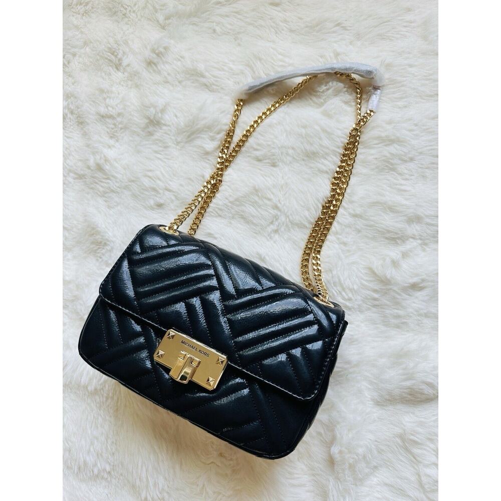NWT Michael Kors Black Peyton Leather Medium Shoulder Crossbody Bag Black Gold